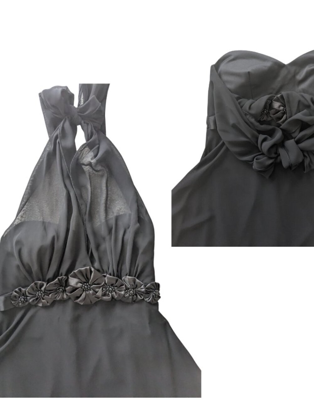 Black Halter Cocktail Dress | Chiffon A-Line Party Dress | Floral Waist Detail